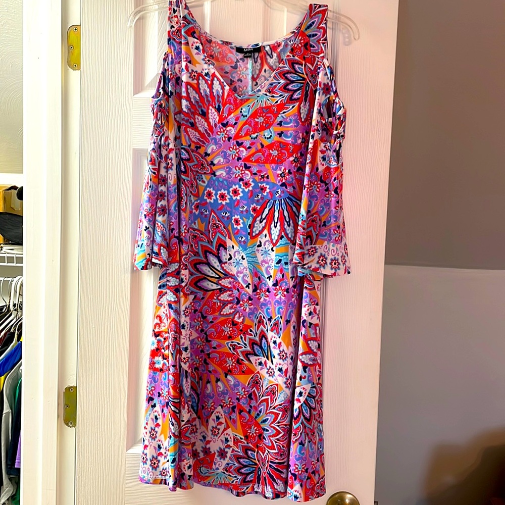 3/4 length bell sleeve cold shoulder dress with detailed sleeves